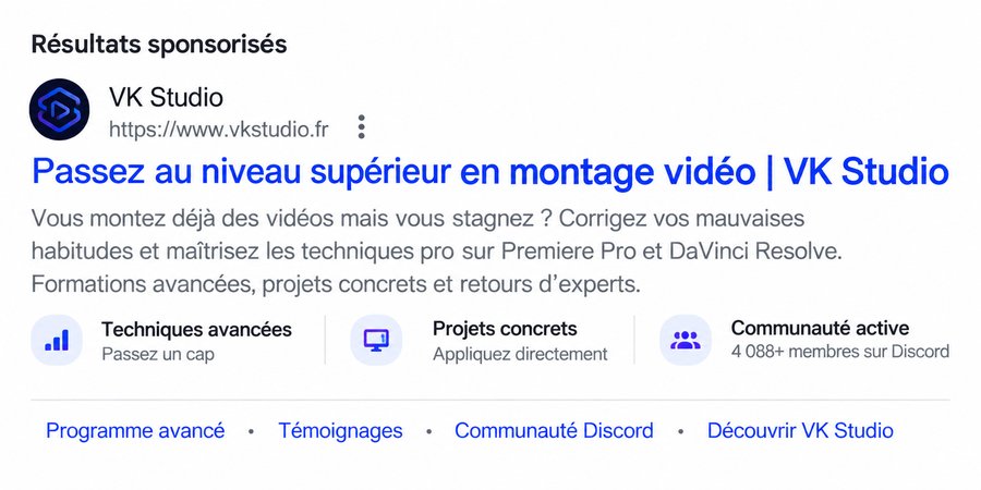 Annonce Google Ads VK Studio, Autodidacte Plafonné